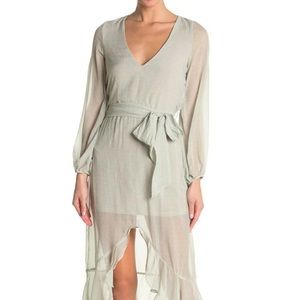 NSR Chiffon Flutter Dress Long Sleeve Tie Waist Olive Green Size S(Missing Belt)